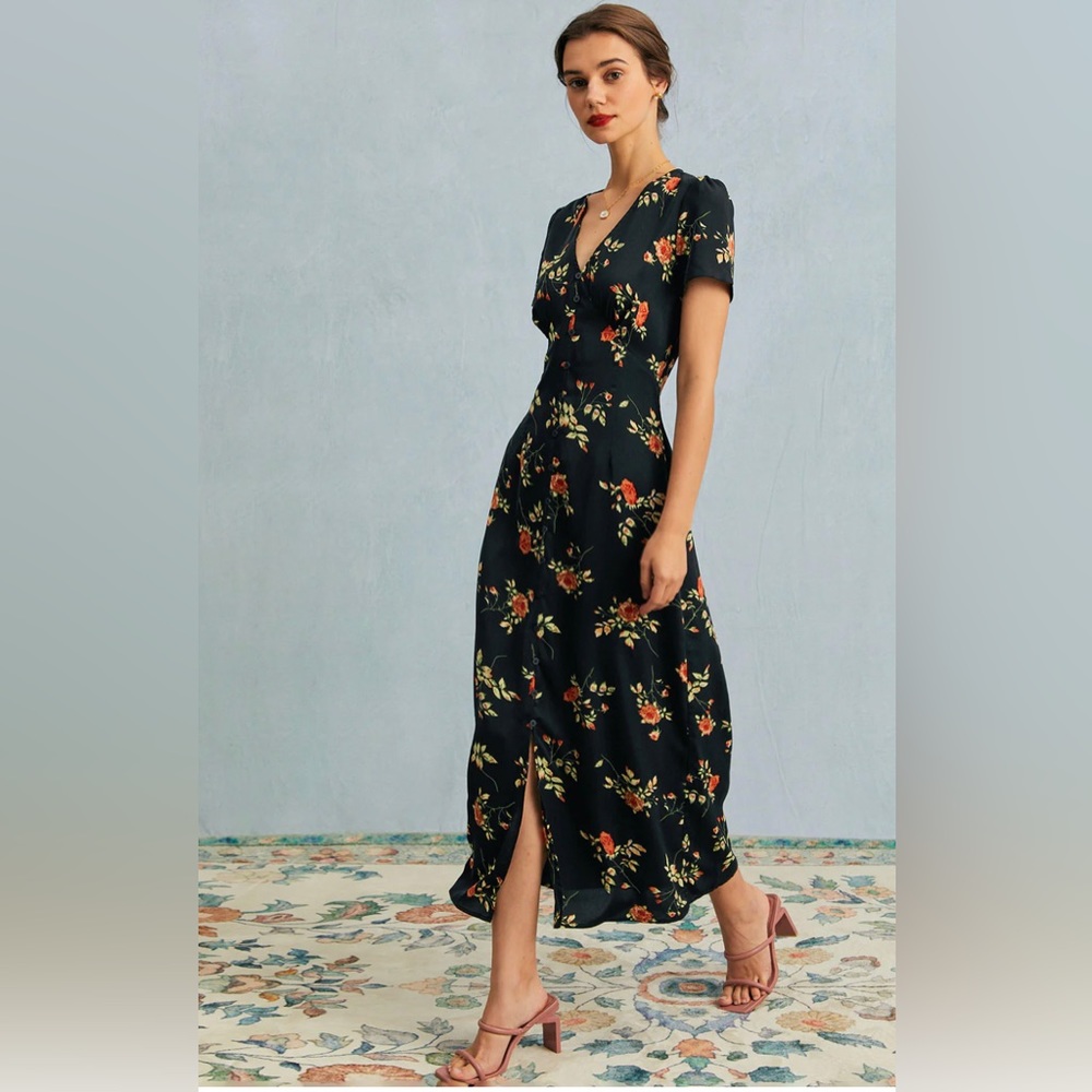 NWT RIHOAS V Neck Floral Short Sleeve Maxi Dress